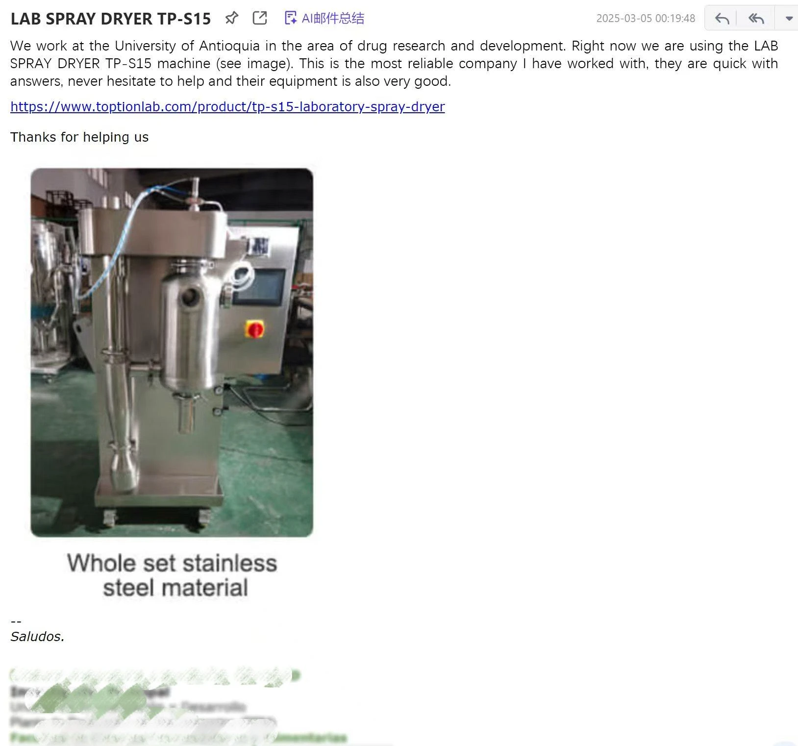 Positive Reviews -- Spray Dryer TP-S15 Positive Reviews -- Spray Dryer TP-S15